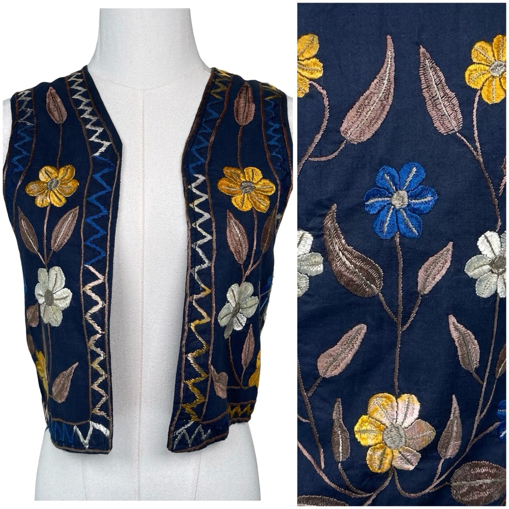 Vintage Hand Embroidered Floral Crop Vest Womens Navy Blue Boho Folk Style